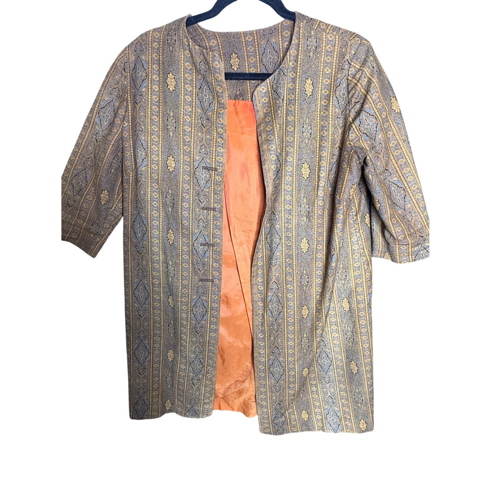 Vintage 60s Brocade Car Coat Gold Blue Paisley Metallic Jacket